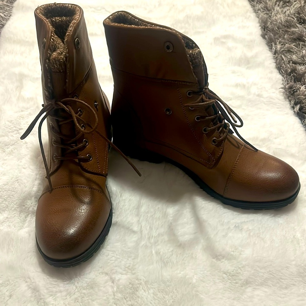Faux leather and sweater-lined combat boots